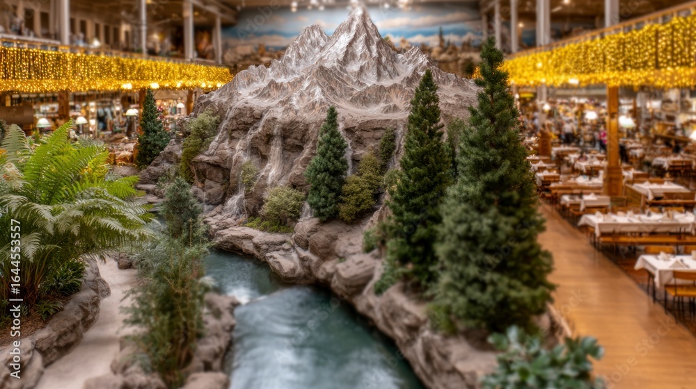 Fototapeta premium Miniature alpine mountain diorama with flowing stream ferns and evergreen trees inside a building