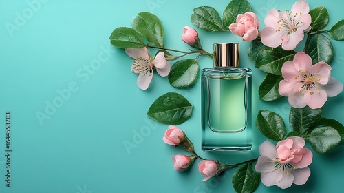 Perfume bottle surrounded by flowers and leaves on a light blue background.
