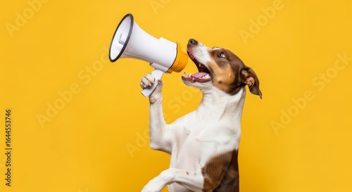 Dog holding megaphone against bright yellow background