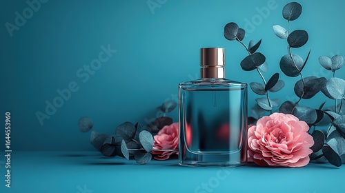 Perfume bottle with flowers and leaves against a blue background.