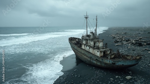 Rusty ship on a dark beach