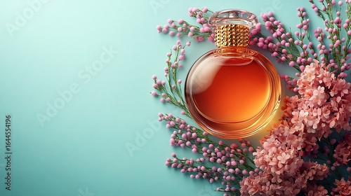 Perfume bottle surrounded by pink flowers on a light blue background.
