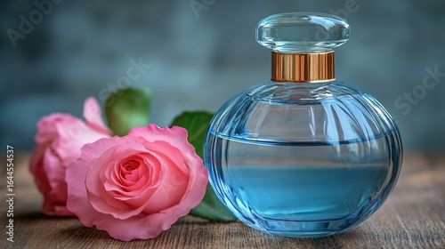 Perfume bottle with blue liquid and pink roses on a wooden surface.