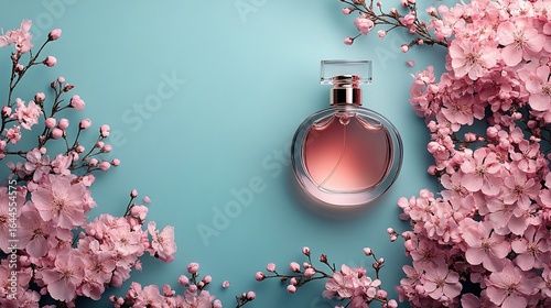 Perfume bottle surrounded by pink flowers on a light blue background.