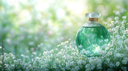 Green liquid in a glass bottle surrounded by small white flowers outdoors.