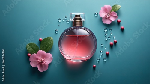 Perfume bottle surrounded by pink flowers and water droplets on a blue background.