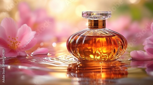 Perfume bottle with flowers and bokeh background on a reflective surface.