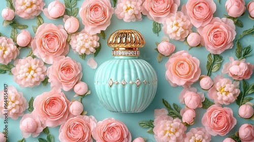 Perfume bottle surrounded by pink and white flowers on a light blue background.