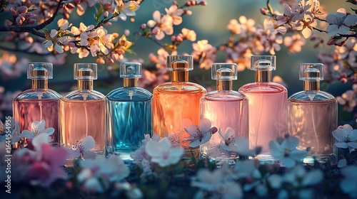 Several perfume bottles are displayed amidst flowers and foliage against a blurred background.