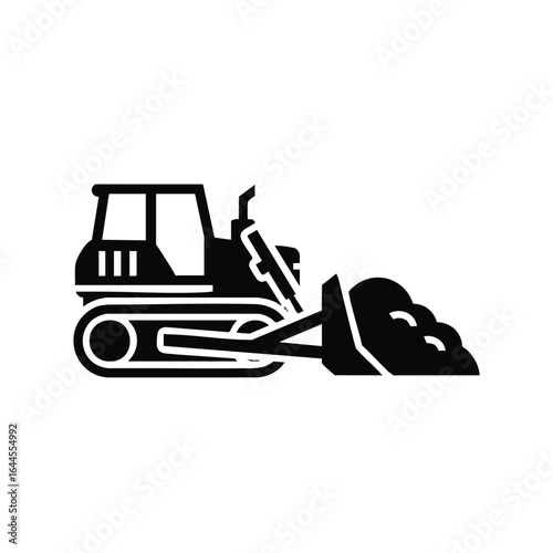 A black and white illustration depicts a bulldozer, a heavy construction vehicle, against a clean white background, perfect for industrial and construction themes.