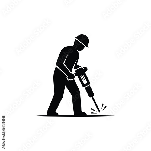 A construction worker using a jackhammer to break ground, depicted in a simple black and white illustration style, suitable for various construction or industrial projects.