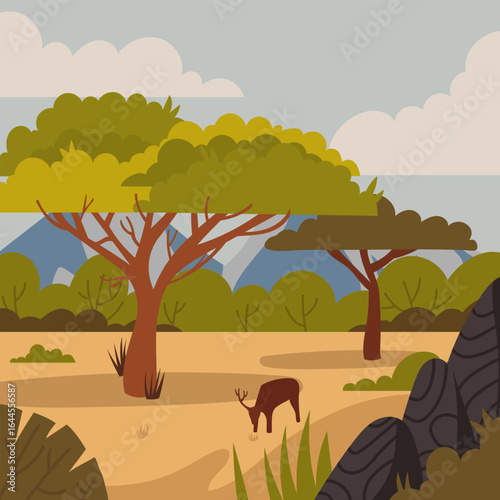 The Deer Eat Grass in Savana Landscape