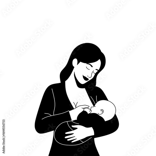 Black and white illustration of a mother breastfeeding her baby, showing gentle care, love, and nurturing bond between parent and child in minimal style