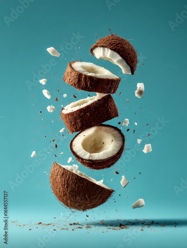 Coconut Fruit Tropical Brown Nut Food Design Splash Fresh Healthy Floating Exotic Milk Shredded Organic Natural Ingredient Round Texture Culinary Vertical Edible Whole Cracked Raw Slice Party