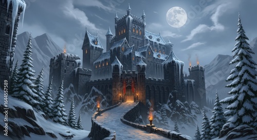 A majestic medieval castle covered in snow and ice, set against a dramatic winter mountain landscape under a full moon, creating a mysterious and enchanting atmosphere