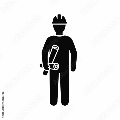 A black silhouette icon depicts a professional architect or engineer wearing a hard hat and holding rolled blueprints, symbolizing construction and planning.