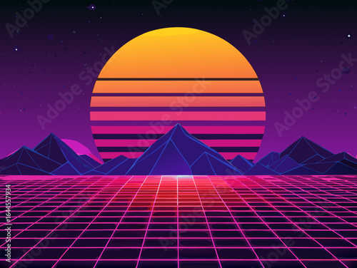 retro wave background, horizontal layout, 1980s synthwave style, neon grid landscape, sunset gradient, glowing horizon, cyber retro aesthetics, vector digital art