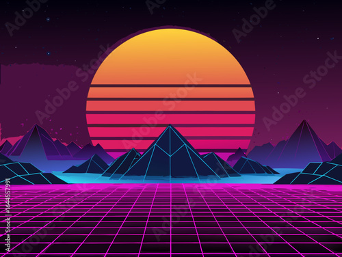 retro wave background, horizontal layout, 1980s synthwave style, neon grid landscape, sunset gradient, glowing horizon, cyber retro aesthetics, vector digital art