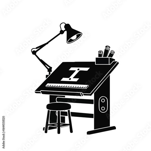 A sleek black and white silhouette illustration depicts a classic drafting table setup, complete with an adjustable lamp, stool, and drawing tools, symbolizing design and creativity.