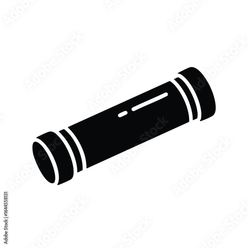 This isolated black graphic icon depicts a simple cylindrical object, possibly a flashlight or a battery, presented on a clean white background.
