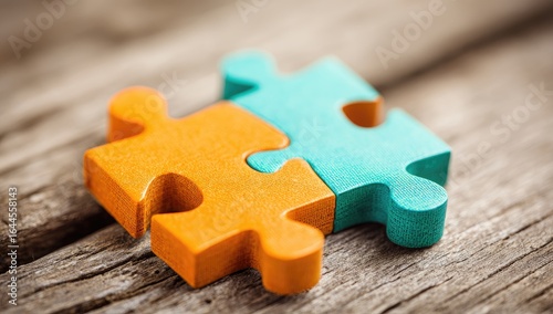 Two colorful wooden puzzle pieces, orange and teal, joined together on a weathered wooden surface