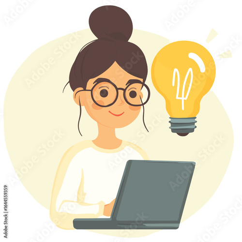 Cartoon woman with Laptop and big Light bulb, vector style simple color
