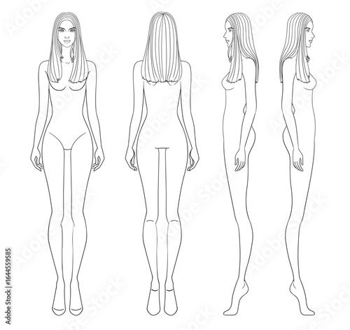Fashion outline sketch croquis figurines front side back view with straight long hair woman in vector.