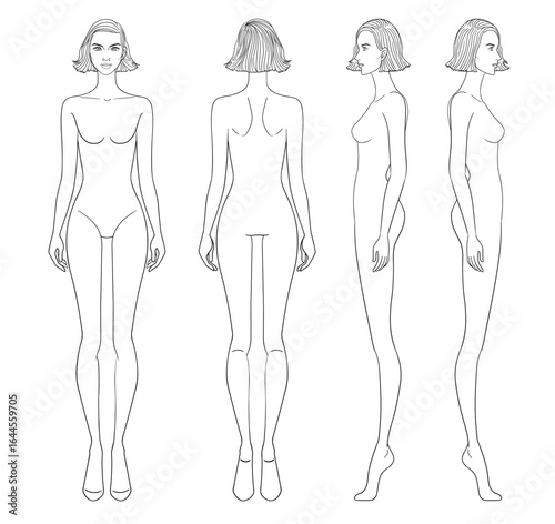 Fashion outline sketch croquis figurines front side back view with short hair woman in vector.