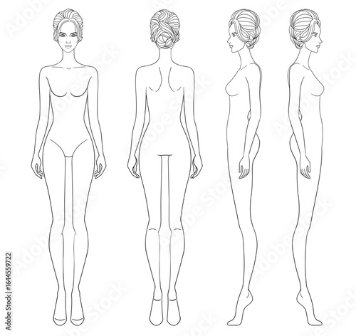 Fashion outline sketch croquis figurines front side back view with updo hair woman in vector.