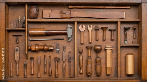 Antique Wooden Tool Collection in a Vintage Organizer Preserving Craftsmanship History