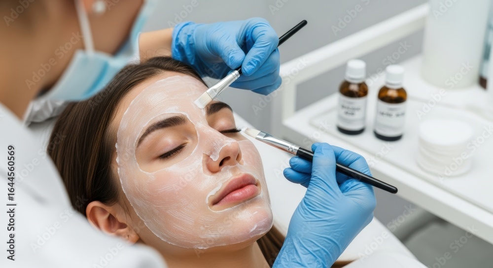 Fototapeta premium Woman Receiving Facial Treatment with Mask Application by Cosmetologist