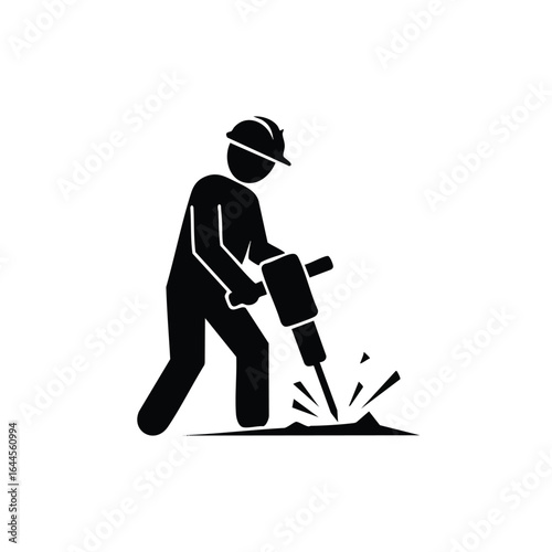 A construction worker uses a jackhammer to break up pavement, depicted in a simple, black pictogram style against a white background, ideal for safety manuals or industry websites.