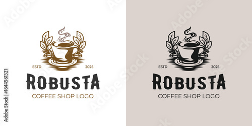 Robusta Coffee Shop Logo Design With Vintage Steaming Cup and Coffee Leaves Graphic Concept for Café, Barista, and Beverage Branding Symbol
