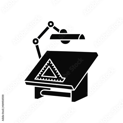 Black silhouette illustration of a drafting table with a lamp and triangle ruler, representing architectural design and technical drawing processes in a minimalist style.