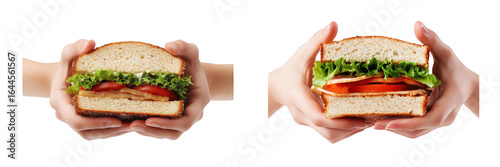 Hands holding sandwiches isolated on transparent background