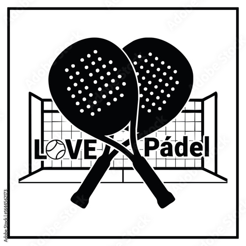 A black and white logo design for padel, featuring two crossed rackets in front of a court net with the words 'LOVE Pádel'.