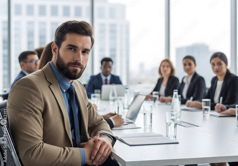 Confident bearded businessman with team at meeting in modern office setting Confident bearded businessman with team at meeting in modern office setting