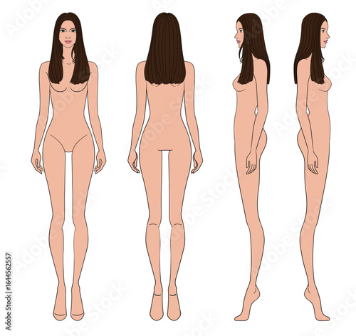 Colored fashion croquis figurines front side back with tan skin straight long hair woman in vector.