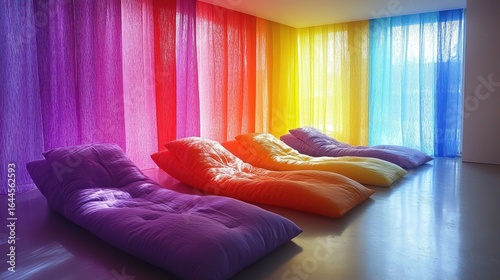Colorful room with rainbow curtains and comfy loungers