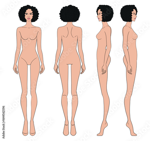 Colored fashion croquis figurines front side back with tan skin afro curly hair woman in vector.