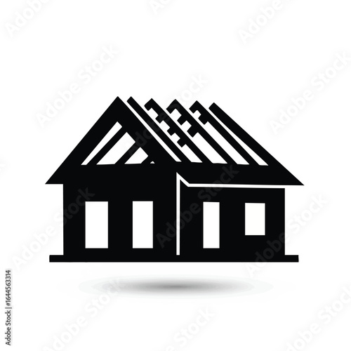 Minimalist black vector illustration of a simple house icon with a gable roof, windows, and a clean design against a bright white background.