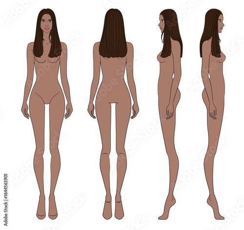 Colored fashion croquis figurines front side back with brown skin straight long hair woman in vector.