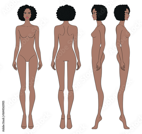 Colored fashion croquis figurines front side back with brown skin afro curly hair woman in vector.