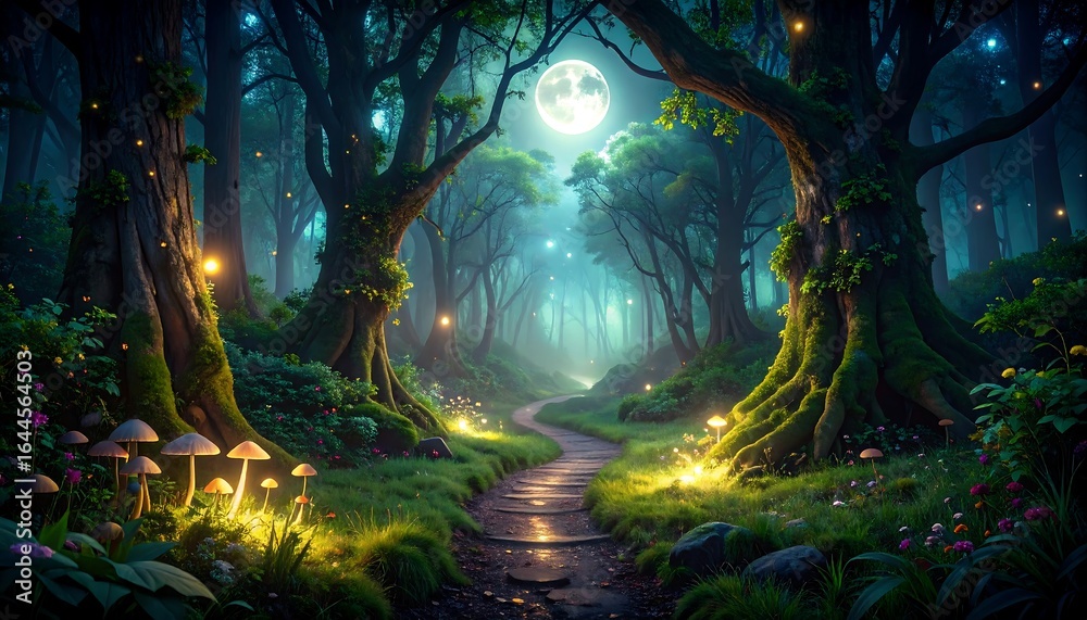 Naklejka premium Magical moonlit forest path