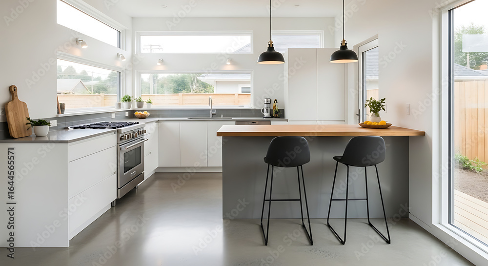 Fototapeta premium Bright Modern Kitchen with White Cabinets Island and Large Windows.