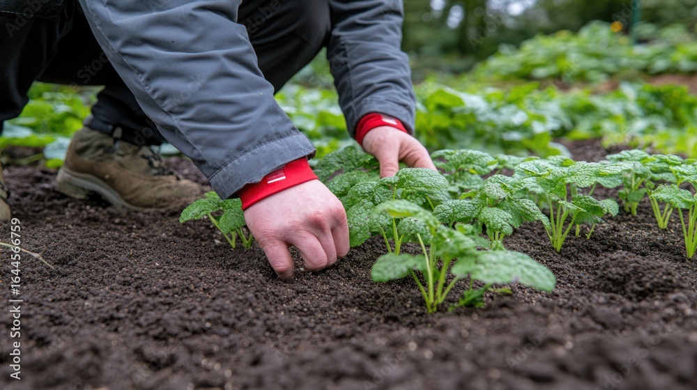 Fototapeta premium Gardener tending to young plants in a garden bed