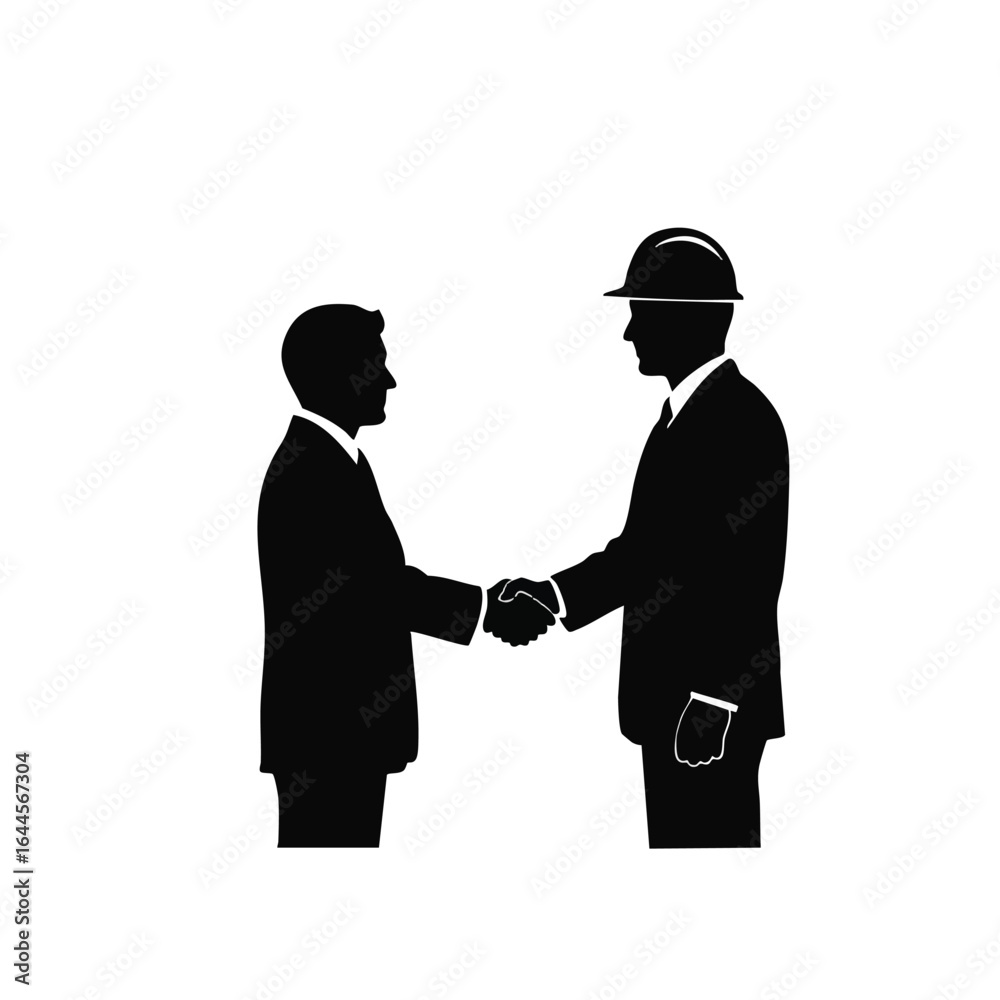 Fototapeta premium A silhouette illustration depicts two professional men, one wearing a hard hat, shaking hands to signify a successful business agreement or partnership.