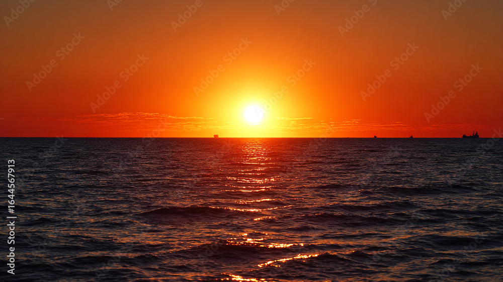 Obraz premium Sunset over the ocean, with an orange sky and a large sun setting behind it.