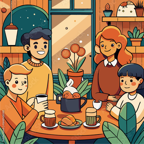 cartoon scene of friends enjoying coffee at a cozy café
