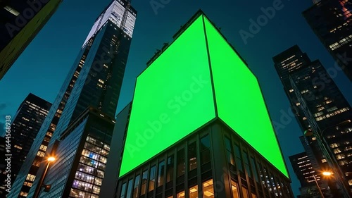Dynamic cityscape with a vibrant green screen billboard at night, perfect for advertising